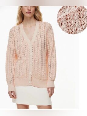 ARITZIA WILFRED Reverence Pointelle Crochet Cardign Soft Shell Pink Pale 🪸Coral